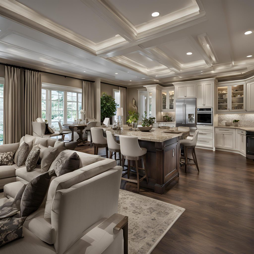 Residential Interior design kitchen, family room, study as an open concept interior