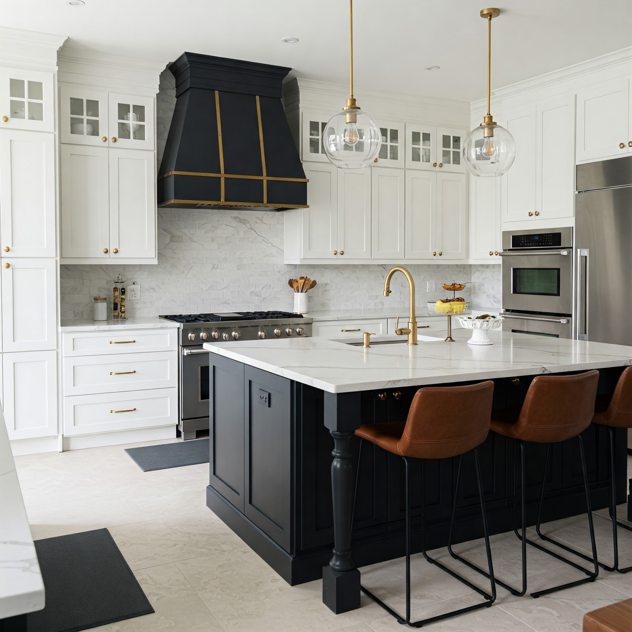 Modern kitchen with white cabinetry, black and gold range hood